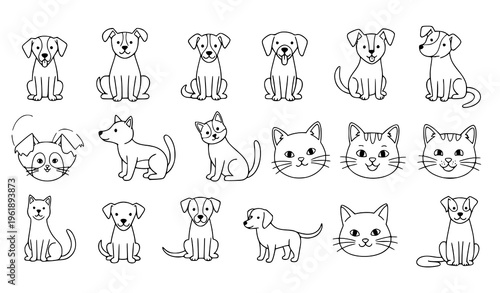 A collection of 18 cartoon style illustrations of dogs and cats in various poses and expressions