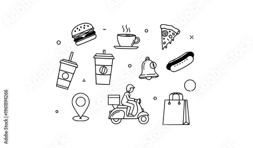 Minimal Food Delivery Icon Pack – Meal Service Symbols Vector Set for UI