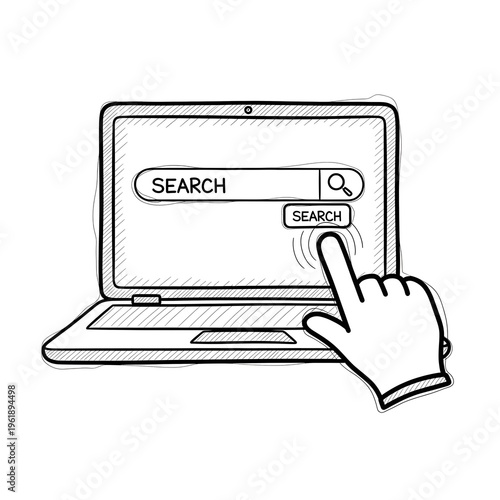 A hand cursor hovers over a laptop with a search bar ready for input, symbolizing online searching and information retrieval