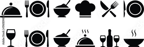 Collection of kitchen dining utensils icons plate fork knife and spoon clean line art minimal vector illustration set