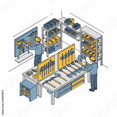 Workers organizing tools in a well-stocked industrial workshop.