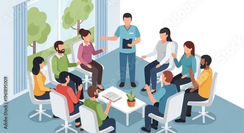 Group therapy session with diverse individuals in a circle.