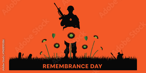 Remembrance Day silhouette illustration, soldier with rifle poppy flowers orange background memorial tribute military respect vector design