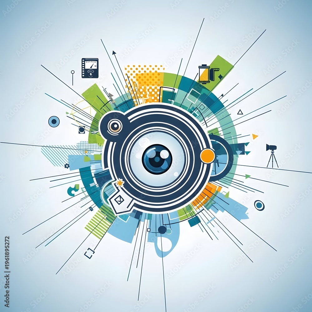 Obraz premium Vibrant digital eye observing a complex network of technological elements and data streams, symbolizing global connectivity, advanced insights, and future innovation