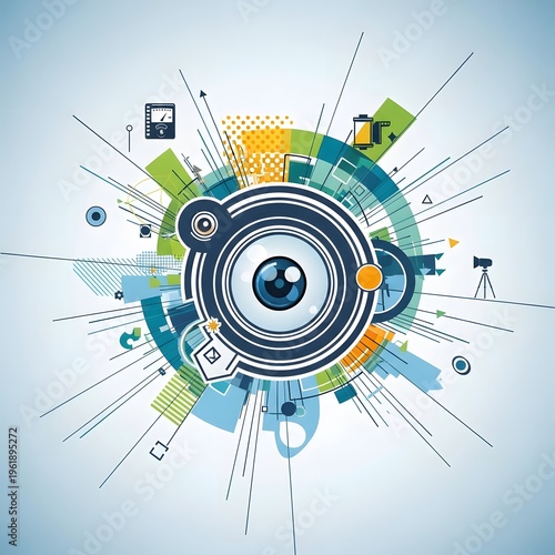 Vibrant digital eye observing a complex network of technological elements and data streams, symbolizing global connectivity, advanced insights, and future innovation