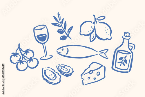 Mediterranean food doodle icon set hand drawn vector illustration