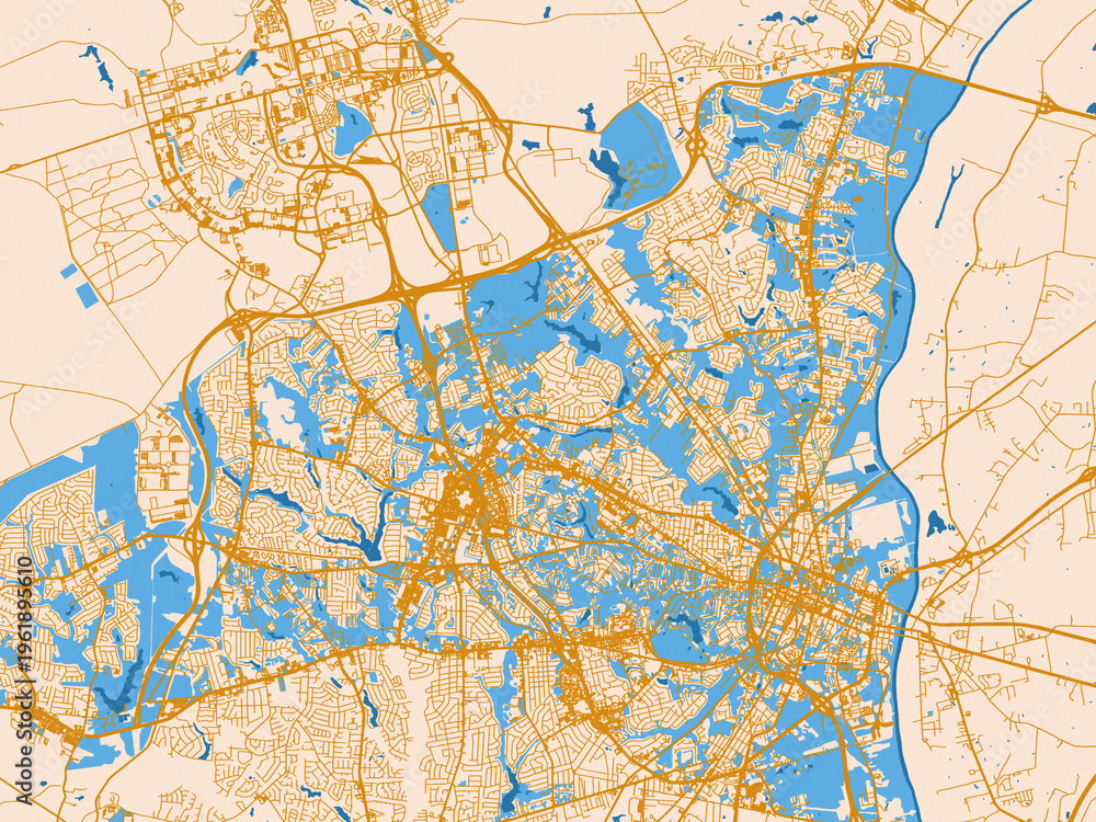 Naklejka premium Urban map poster of Fayetteville, North Carolina – cream map with golden roads