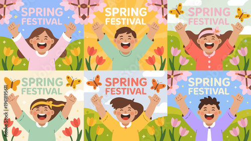 Joyful children celebrate spring festival with flowers and butterflies