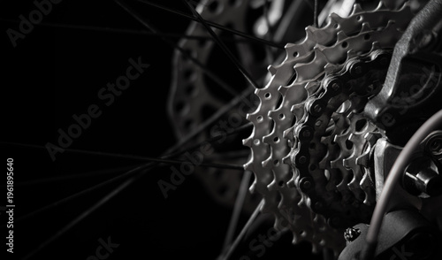 Close-up of bicycle rear cassette and chain with visible spokes on black background. Concept of cycling, sport, mechanical engineering, maintenance, repair and performance.