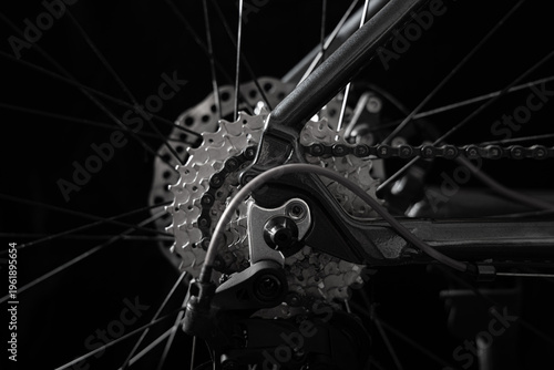 Close-up of bicycle rear cassette and chain with visible spokes on black background. Concept of cycling, sport, mechanical engineering, maintenance, repair and performance.
