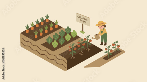 Isometric icon agriculture vector illustration A farmer waters an organic garden with fresh carrots, lettuce, and tomatoes, emphasizing sustainable cultivation and healthy food production
