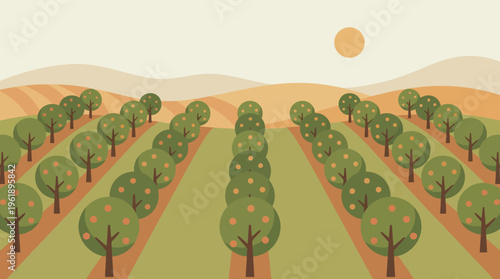 A vibrant icon agriculture illustration of a lush orchard under a warm sun, depicting nature's bounty and sustainable farming practices