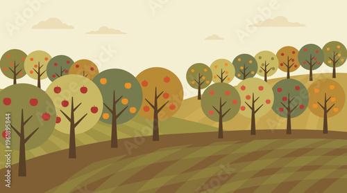 A vibrant vector illustration portraying an iconic agricultural landscape, featuring stylized fruit trees laden with apples and oranges on rolling hills, evoking a bountiful harvest scene