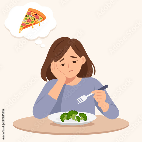 Woman sitting at a table with a plate of broccoli, showing lack of appetite.Diet struggle, healthy vs unhealthy food concept.Vector illustration