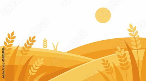 Flat vector illustration of golden wheat fields under the sun, representing agriculture icon and the harvest season