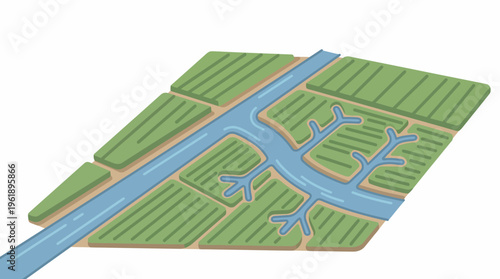 Agricultural irrigation system icon on green fields and blue river, minimal vector illustration for farming and land management