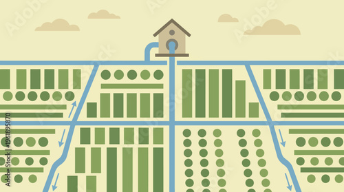 Minimal vector illustration of agriculture icon, showing irrigation systems and crop fields