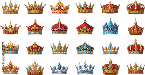 Royal crowns collection with gold and jeweled king and queen tiaras, luxury medieval monarchy symbols set for fantasy design, game assets and decorative vector illustration