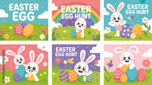 Colorful easter egg hunt designs featuring bunnies rainbows and decorative eggs