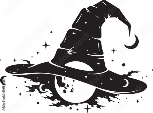 Black Witch Hat with Moon and Stars Illustration