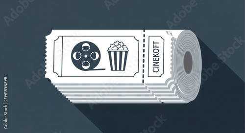 Roll of Cinema Tickets with Reel and Popcorn Icons for Movie Admission.