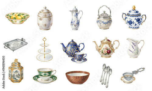 Watercolor vintage tea set collection with porcelain and silverware