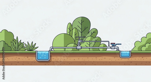 Irrigation System Illustration - Water Distribution for Plant Growth.
