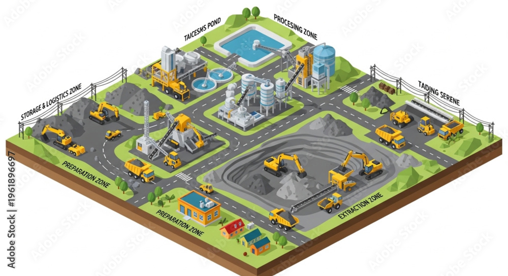 Obraz premium Isometric View of a Construction Site with Heavy Machinery and Infrastructure.