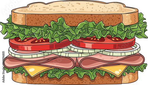 Layered ham and cheese sandwich with fresh lettuce, tomato, and onion.