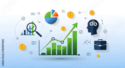 Comprehensive illustration depicting business growth, financial analysis, and strategic planning, emphasizing data-driven insights and success metrics