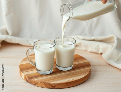 Pouring fresh milk into two clear glass mugs on a wooden board