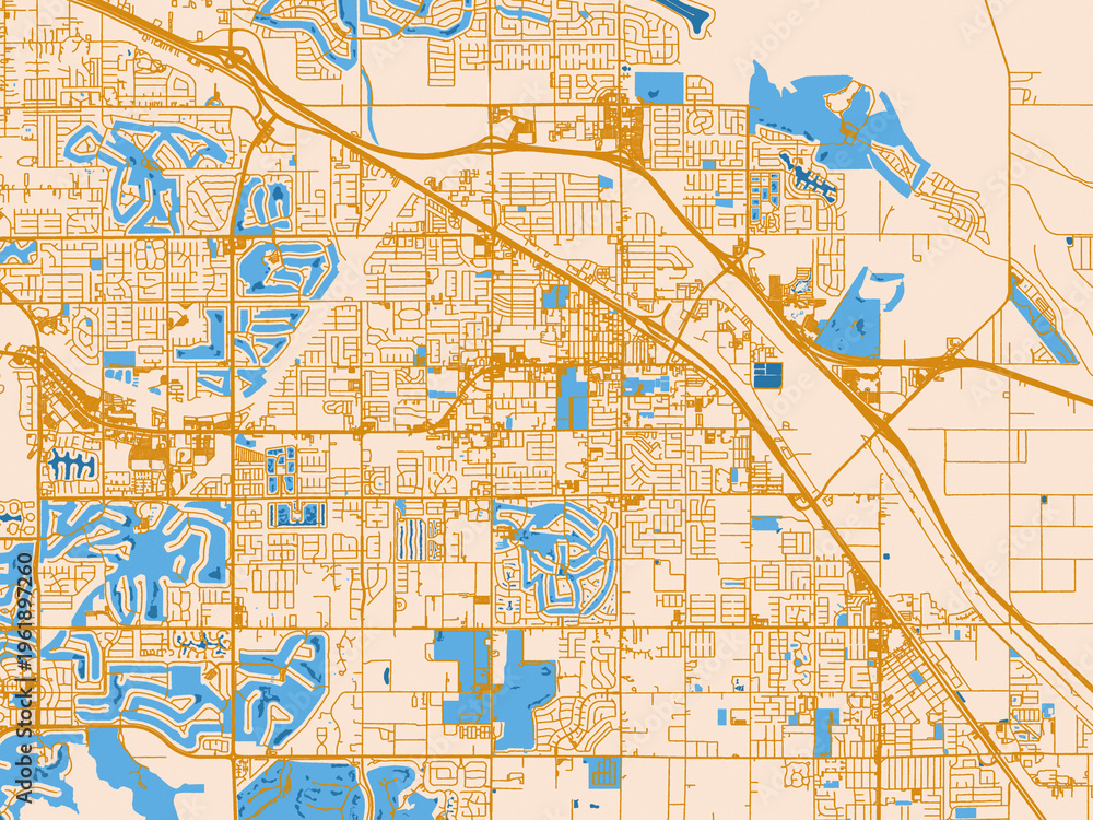 Fototapeta premium Urban map poster of Indio, California – cream map with golden roads