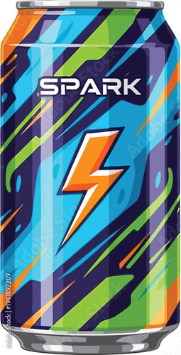 Energy drink can features bright abstract pattern and lightning bolt.
