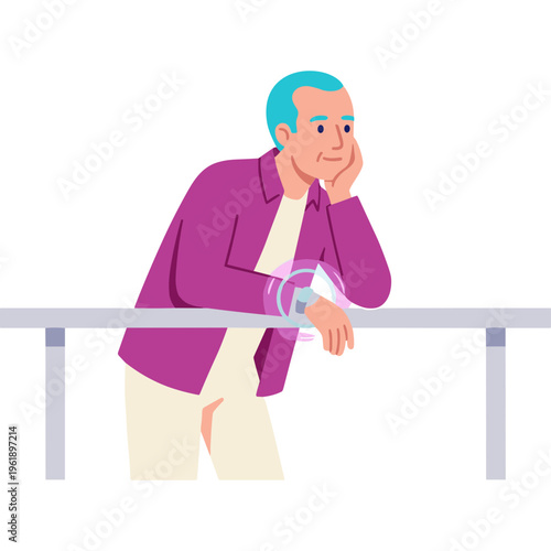 A man with blue hair leans on a railing looking worried indoors.