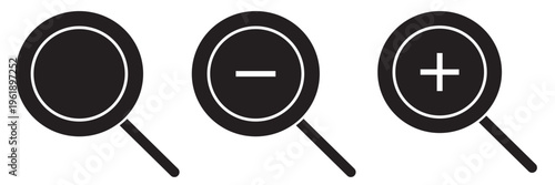 black, blue and orange zoom icon set .  magnifying glass icons with zoom plus minus check isolated on white background, EPS10