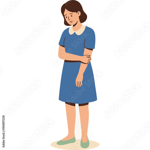 Woman standing alone shows sadness emotion with crossed arms in a blue dress