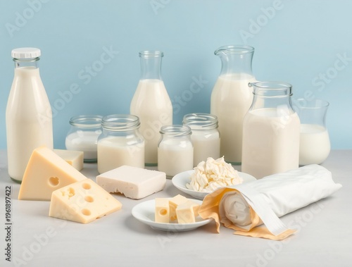 Assortment of dairy products including milk cheese and yogurt on a light blue background