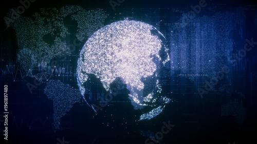 Futuristic global financial data visualization, world map and digital globe with candlestick chart, stock trading analytics, forex market dashboard, fintech infographic, big data interface