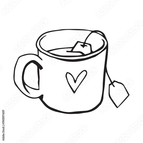 Cuadro en lienzo Tea mug with heart and tea bag hand drawn sketch illustration