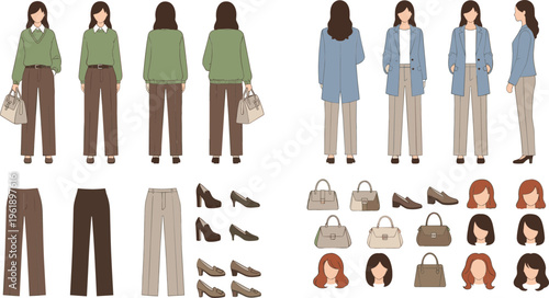 Fashionable Character Design Featuring Multiple Outfits, Accessories, and Hairstyles for a Young Woman