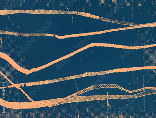 シルクスクリーンのようなかすれのある質感と水平なラインが描かれたレトロな抽象アート