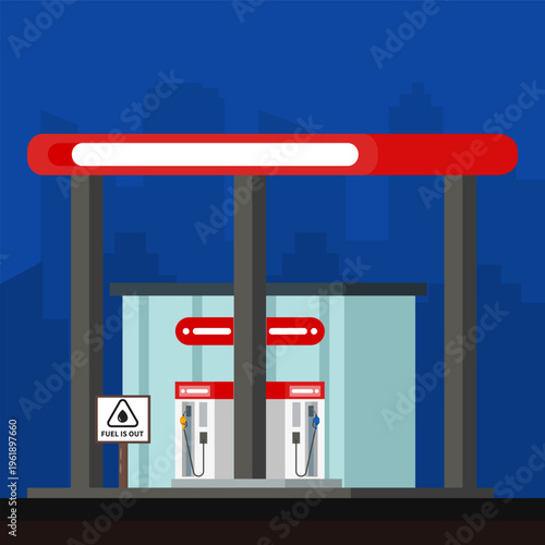 Gas station with empty pumps and fuel out sign. Concept of fuel shortage, supply crisis, rising prices, and limited energy availability in urban areas.