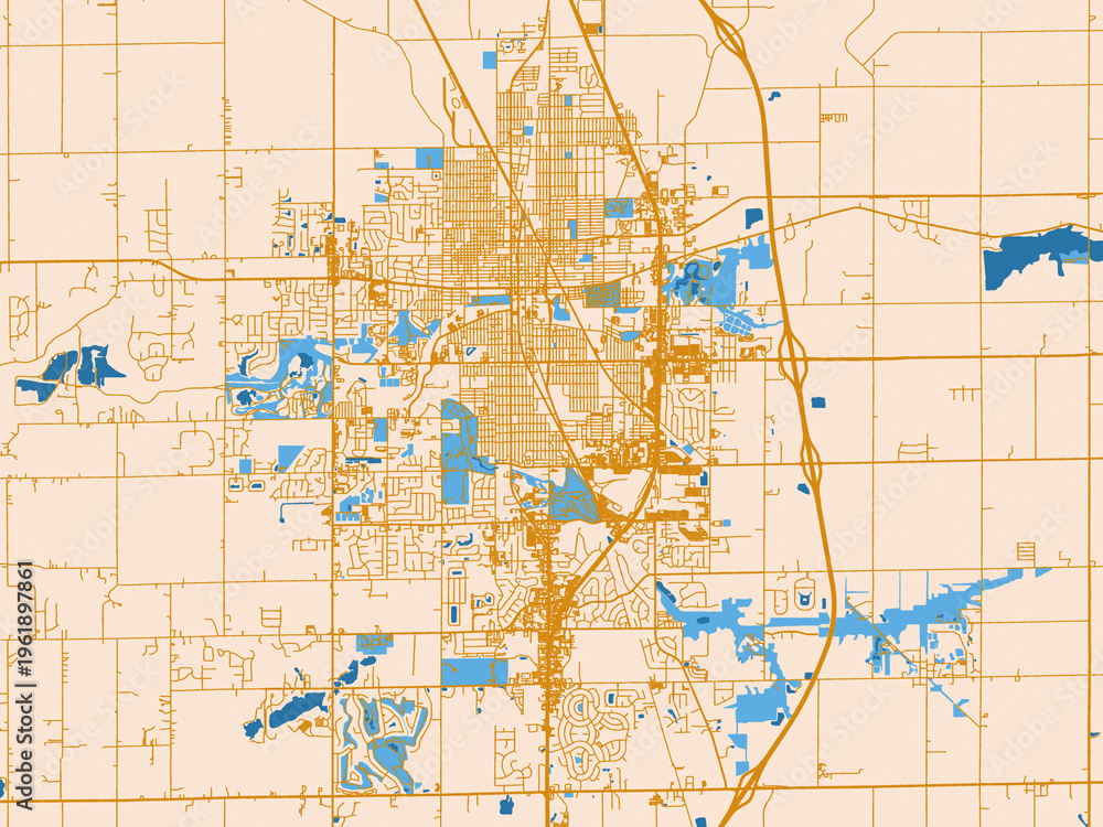Fototapeta premium Street network map of Kokomo, Indiana, golden linework with blue water