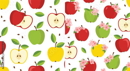 Seamless apple pattern with red, green and yellow fruits, blossoms and leaves decorative food background vector illustration collection