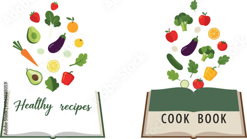 Illustration of Healthy Recipes and Cook Book with Floating Fruits and Vegetables