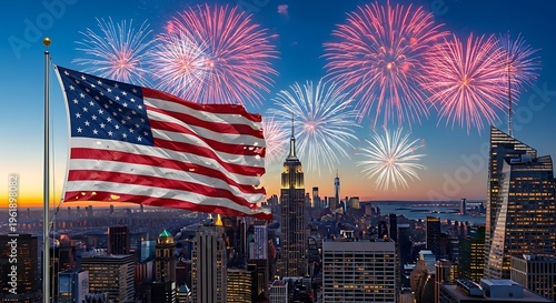 American flag waving with fireworks display over new york city skyline at dusk on a summer evening celebration