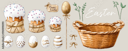 Collection of Easter elements: Easter cakes, basket, cardboard sign, bow, Easter eggs, grass. Happy Easter. Vintage postcard composition. Imitation of pastels, hand-drawn.