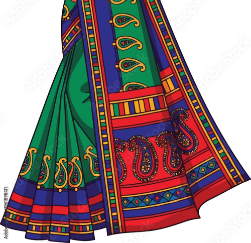 A vibrant green indian saree featuring traditional paisley patterns and colorful striped borders