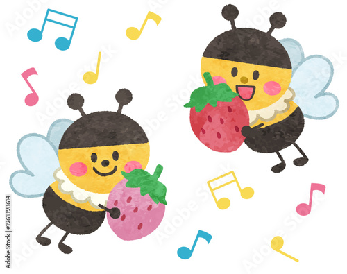 イチゴを持ったかわいい昆虫のイラスト