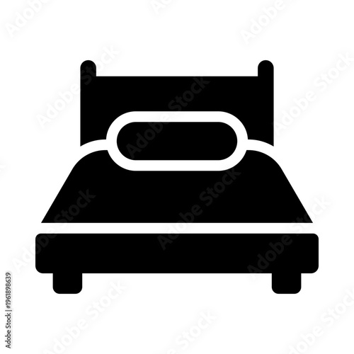 bed icon silhouette. Clean black symbol for hotel accommodation, bedroom furniture, sleep, and travel lodging